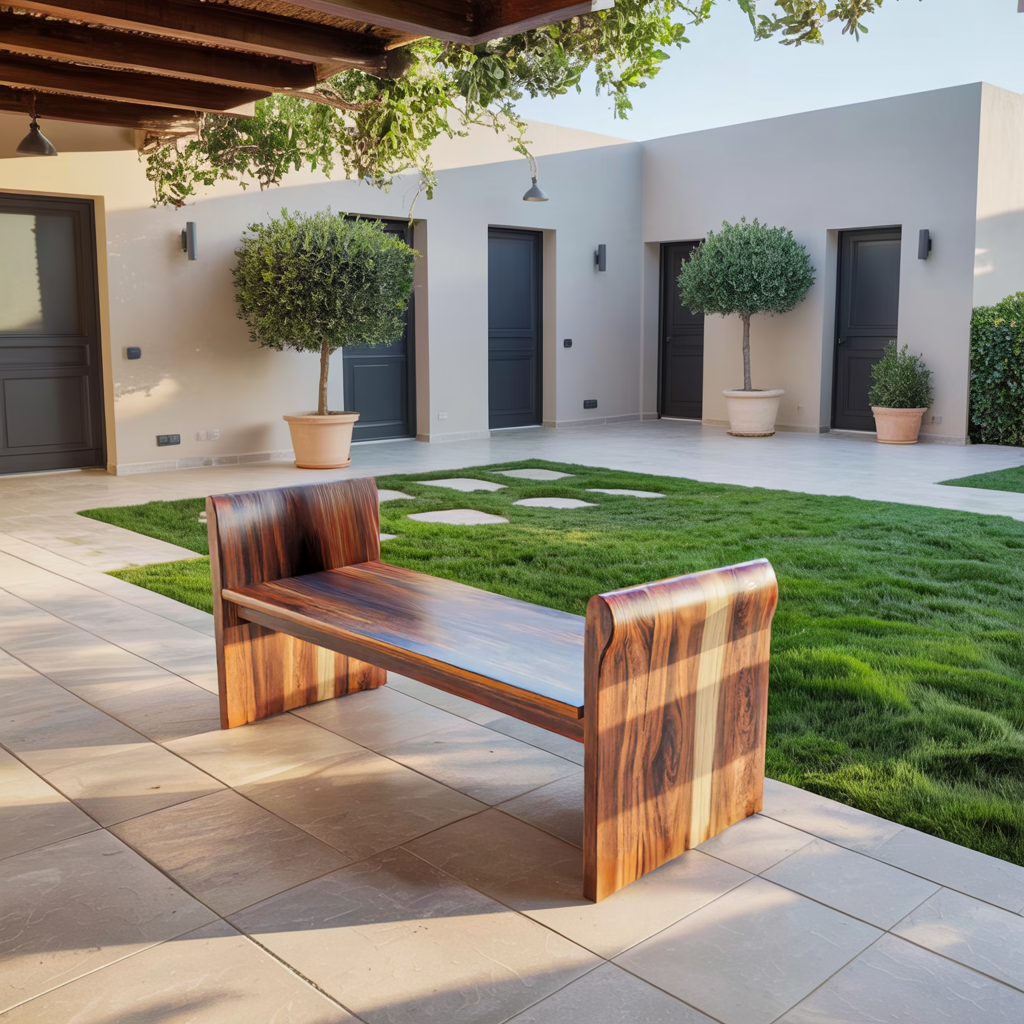 Contemporary Wood Bench With Rounded Armrests For Porch Or Garden Kitchnce