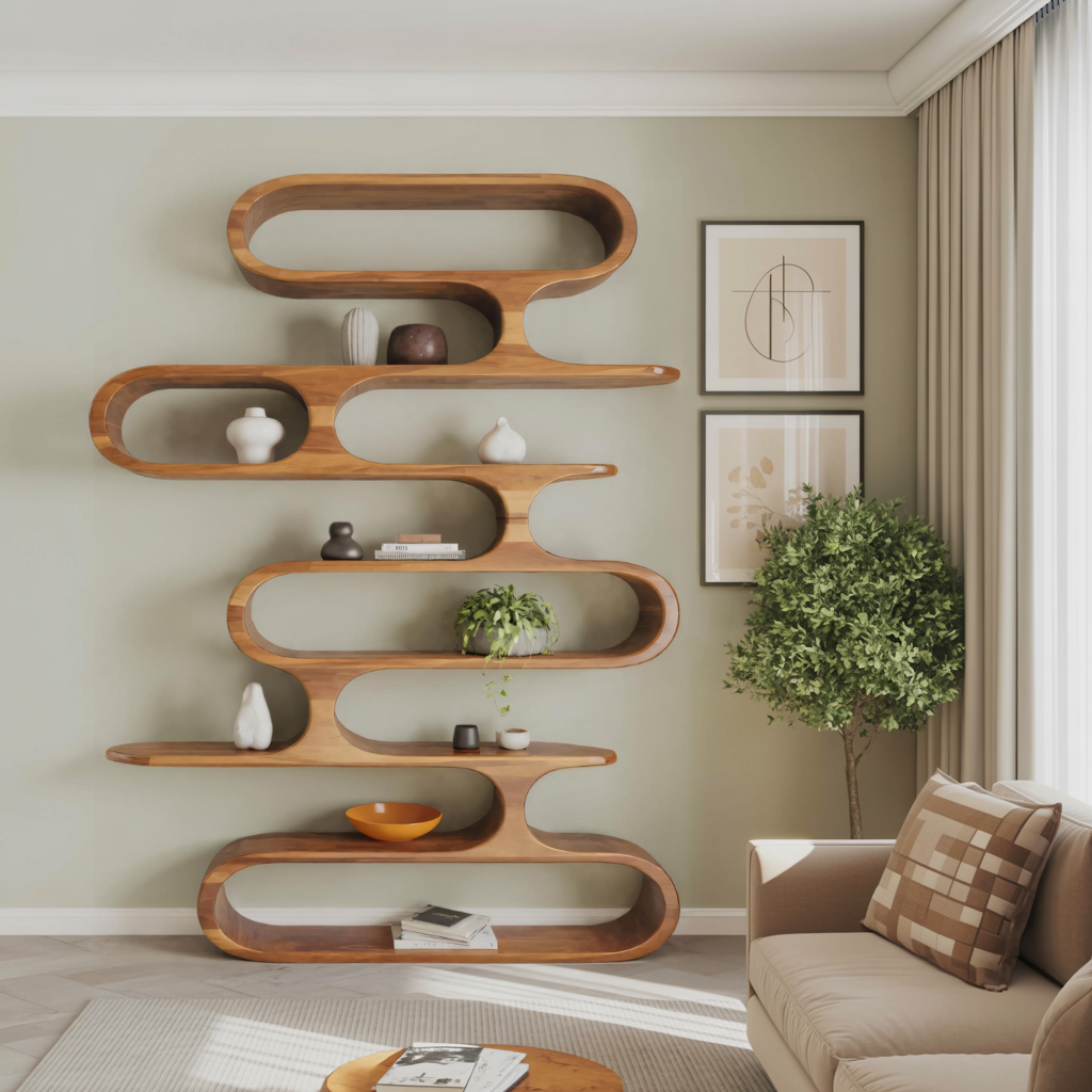 Mid Century Modern Wall Shelf With Flowing Shape For Living Room And Office Kitchnce