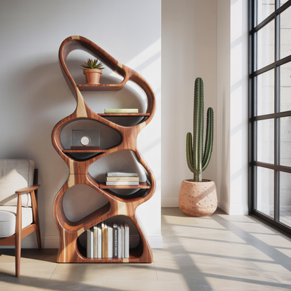Modern Sculptural Bookshelf With Flowing Shelves For Home Library And Living Room Kitchnce