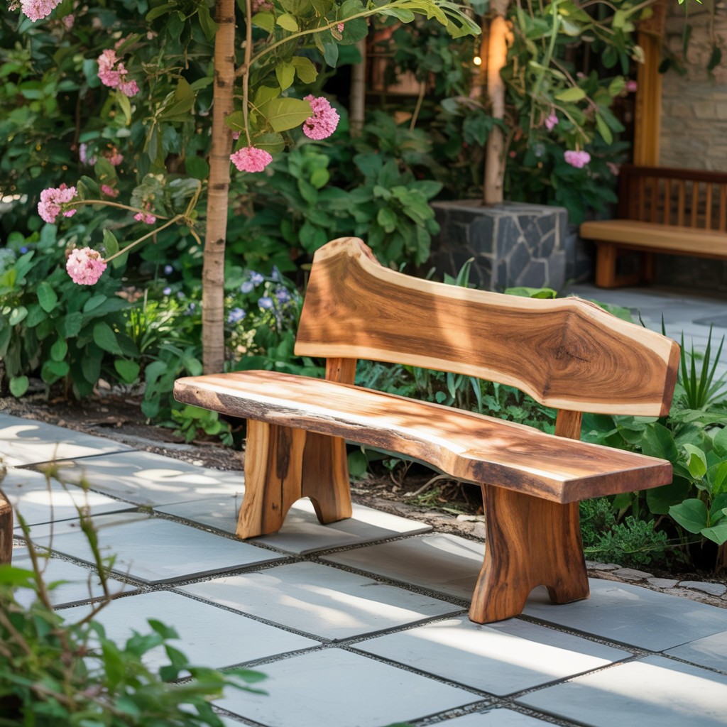 Rustic Live Edge Outdoor Bench With Curved Back For Patio Or Garden Kitchnce