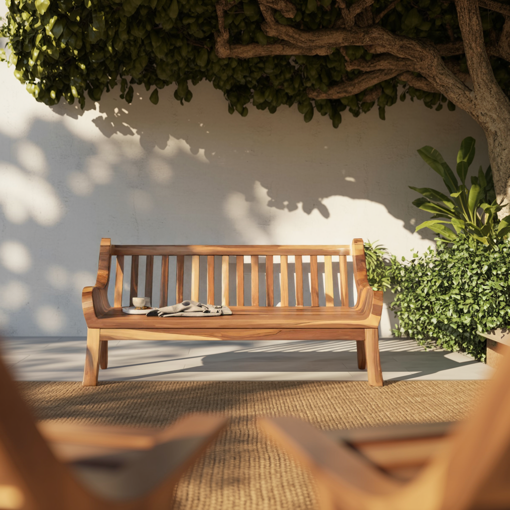 Contemporary Outdoor Wooden Bench With Curved Armrests For Garden Or Porch Kitchnce