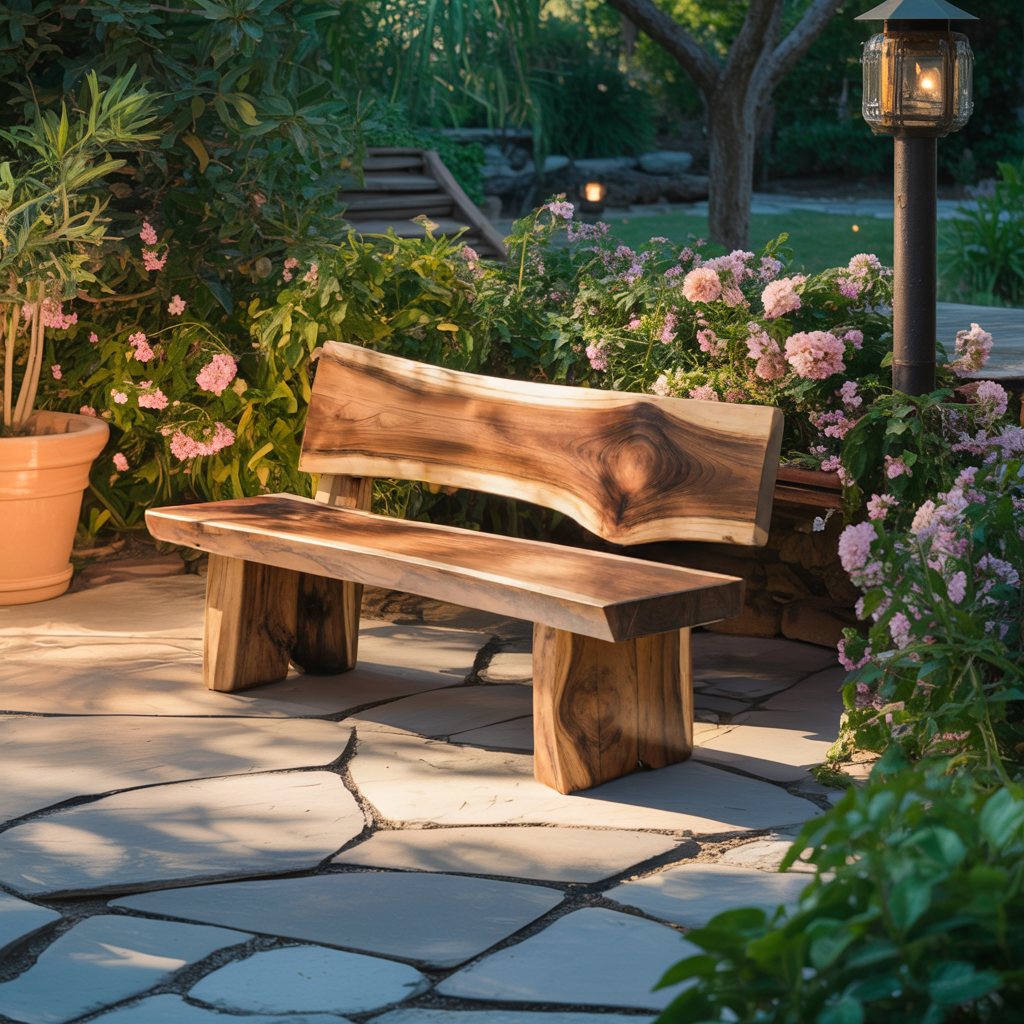Contemporary Outdoor Wood Bench With Sculpted Back For Patio Or Courtyard Kitchnce