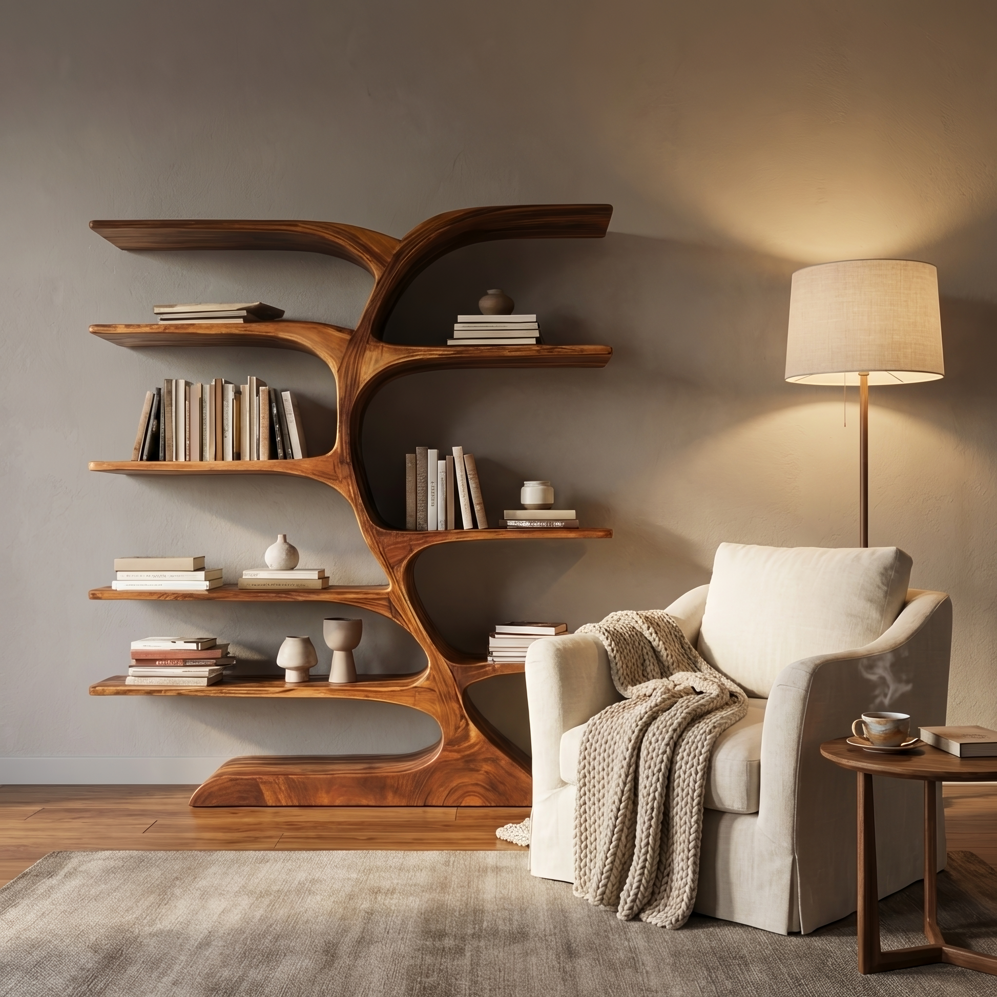 Organic Curved Bookshelf For Open Space Kitchnce