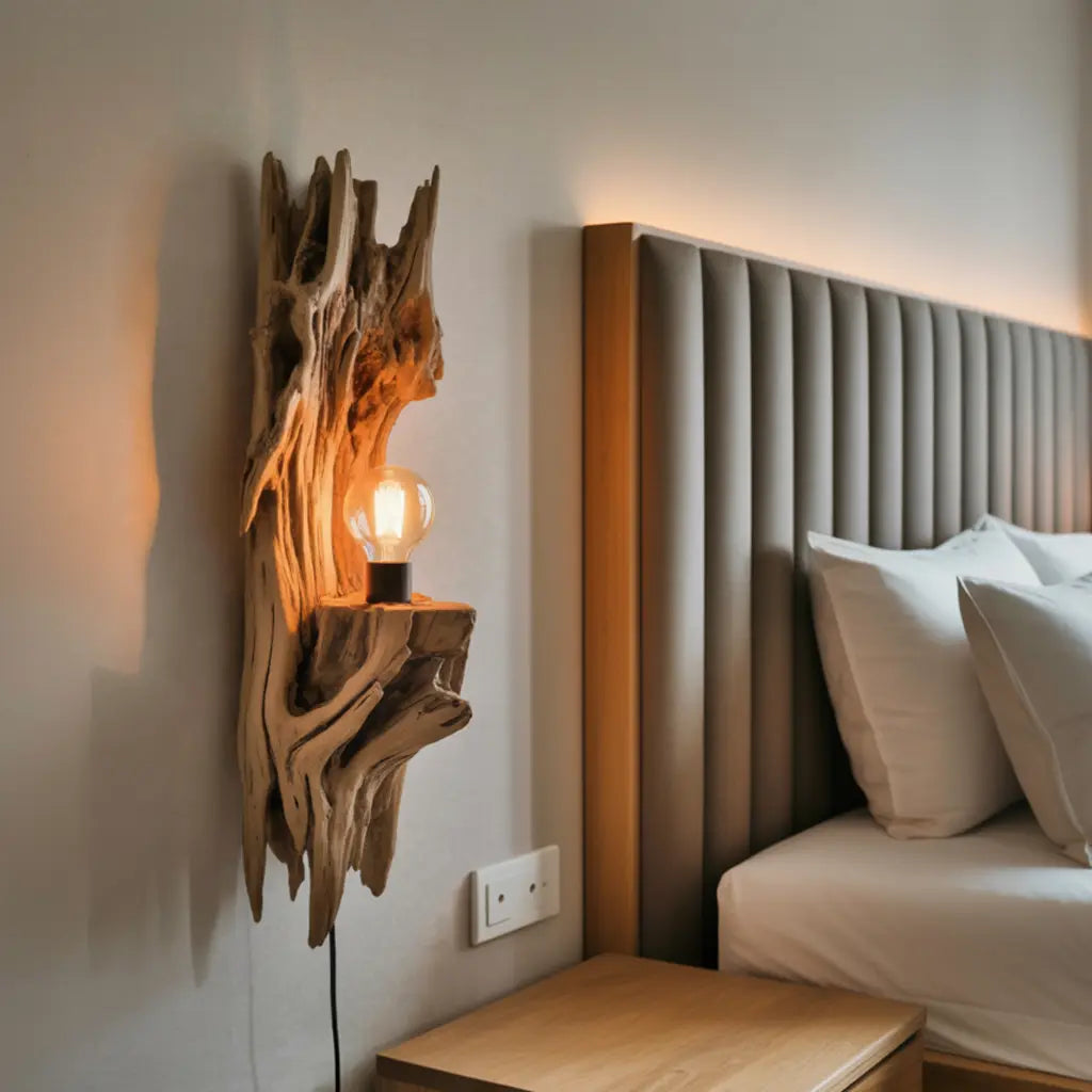 Rustic Driftwood Wall Lamp With Sculpted Form For Bedroom Or Living Room Kitchnce