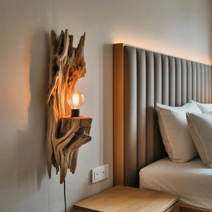 Rustic Driftwood Wall Lamp With Sculpted Form For Bedroom Or Living Room Kitchnce