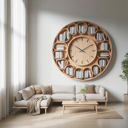 Contemporary Round Wall Bookshelf With Clock For Living Room And Home Office Kitchnce