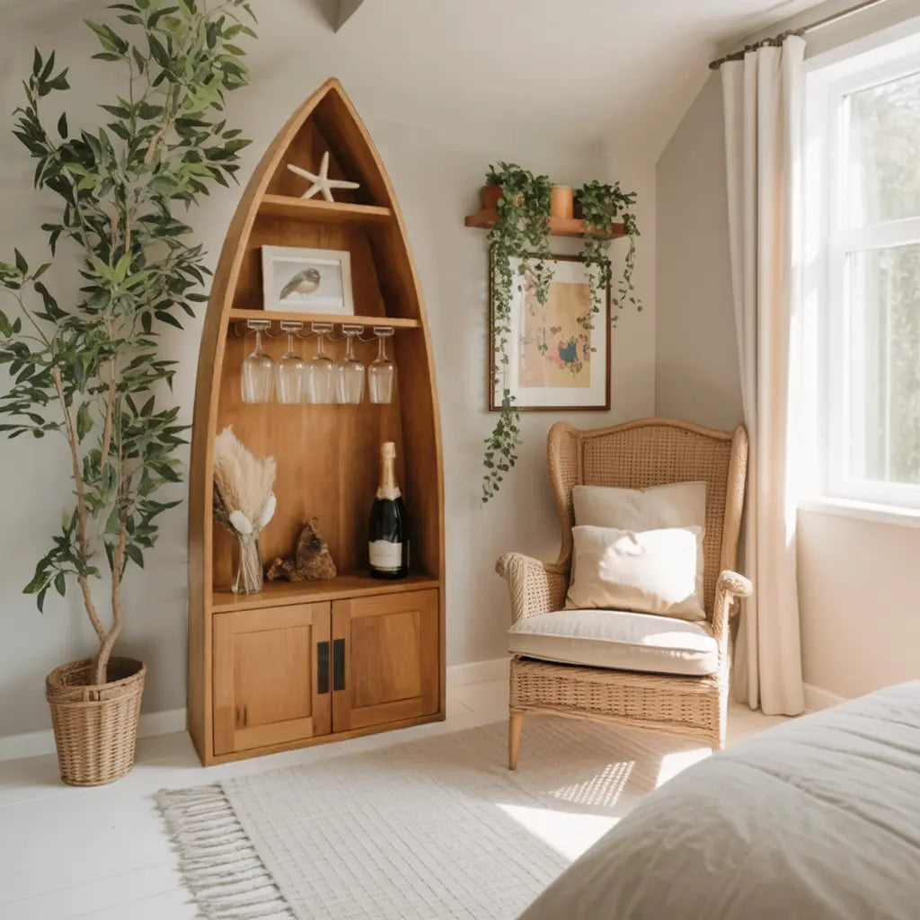 Coastal Boat Shaped Shelf With Glass Rack For Beach House And Living Room Kitchnce