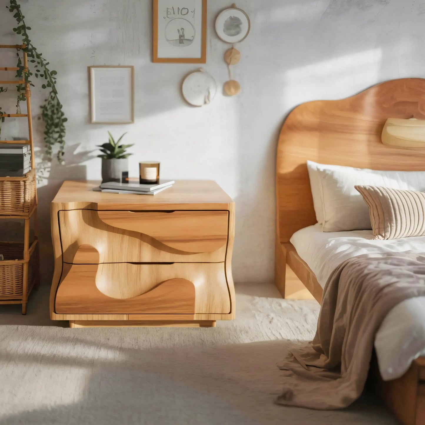 Modern Wavy Nightstand with Carved Drawer Cabinet For Bedroom And Living Room Kitchnce