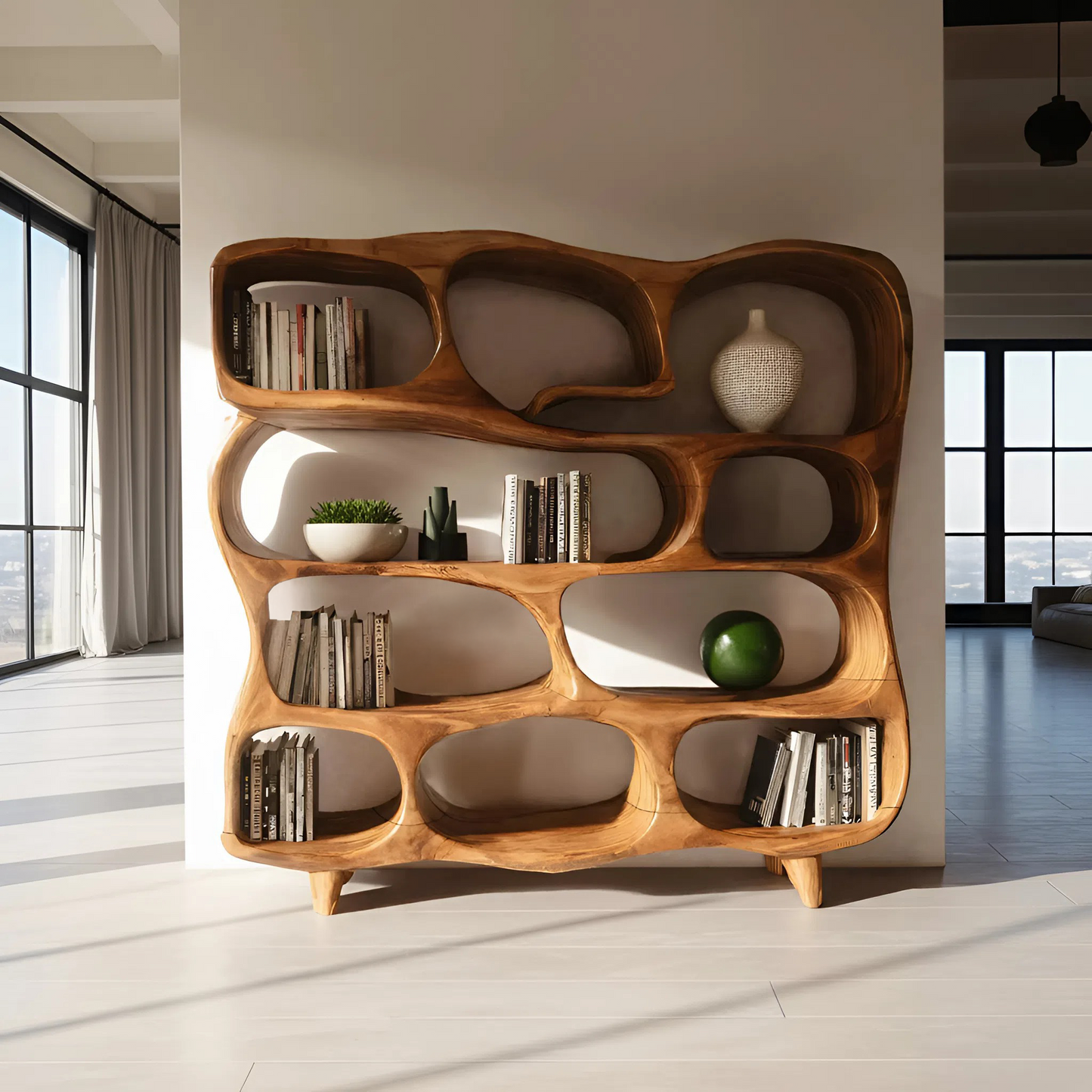 Modern Handcrafted Bookshelf With Curved Design For Living Room Kitchnce