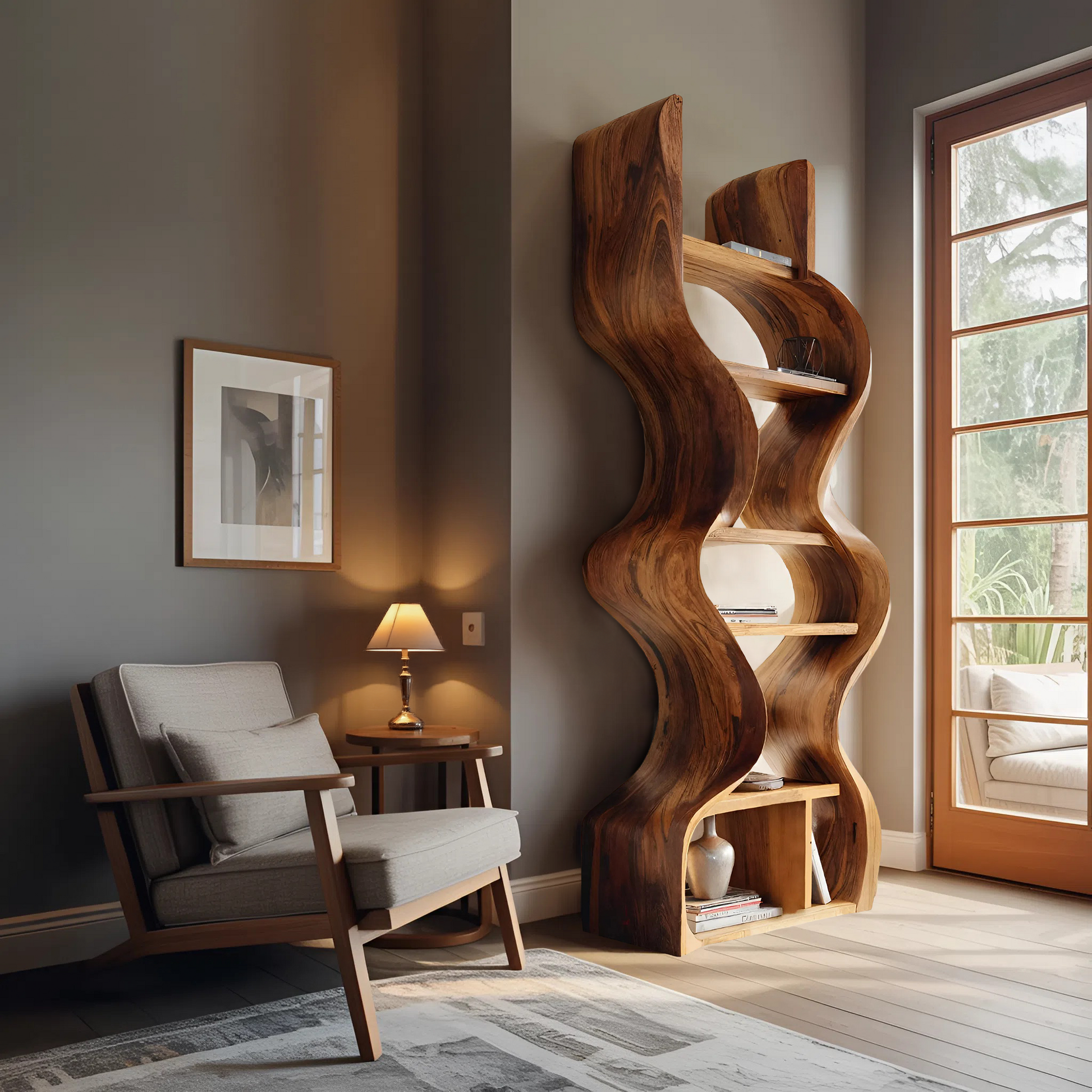 Organic Solid Wood Wall Bookcase For Modern Entryway Kitchnce