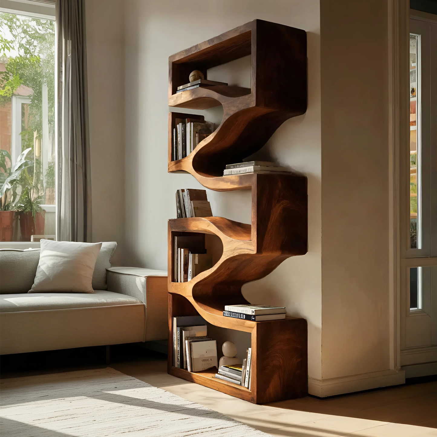Sculptural Wooden Wall Bookcase For Modern BedRoom Kitchnce