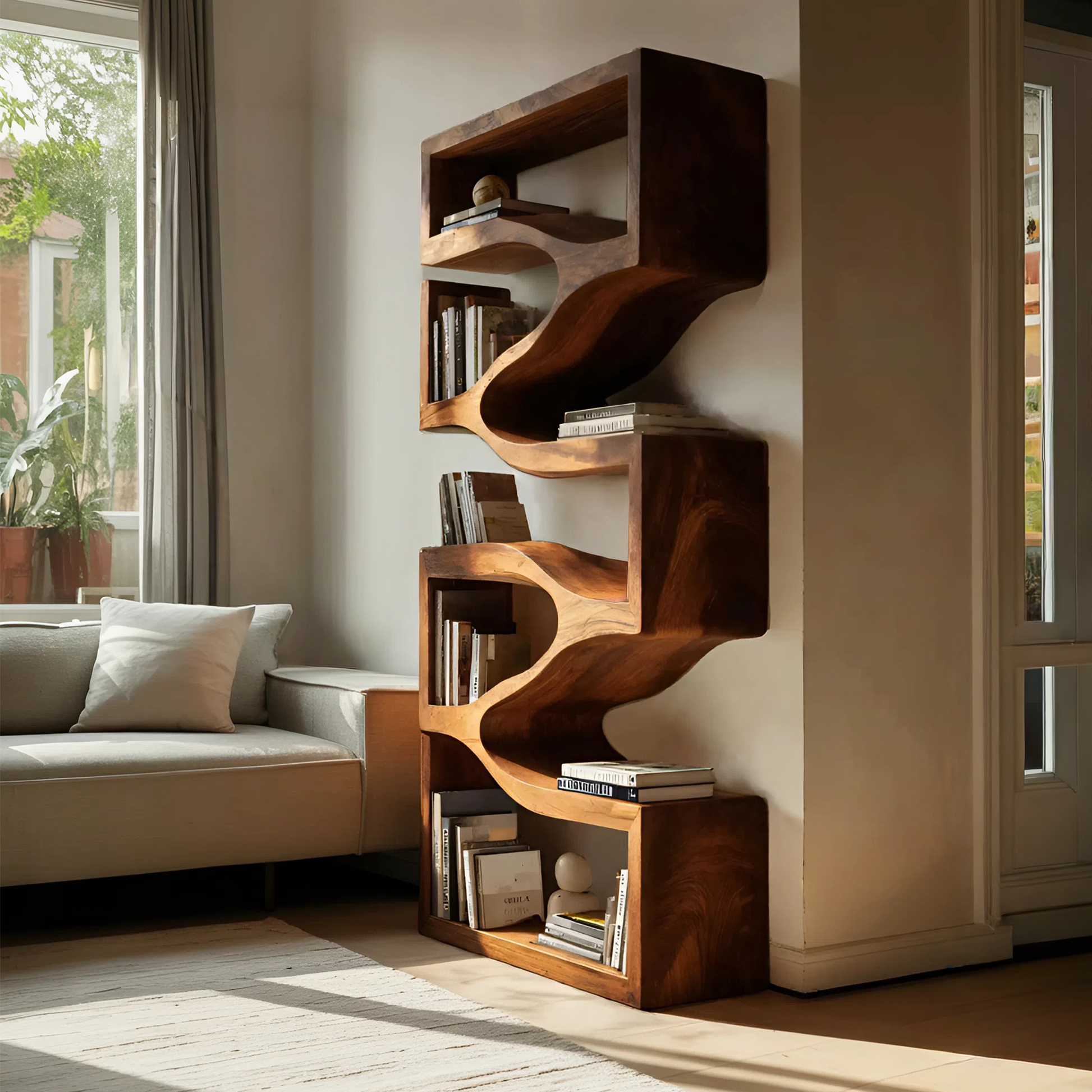 Sculptural Wooden Wall Bookcase For Modern BedRoom Kitchnce