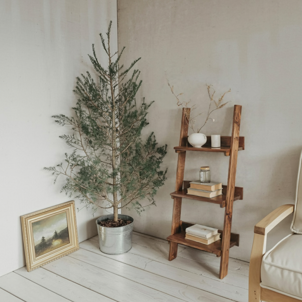 Rustic Ladder Shelf With Tiered Display For Bedroom And Living Room Kitchnce