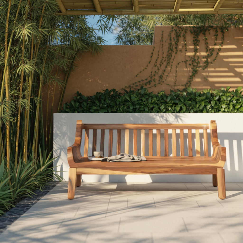Contemporary Outdoor Wooden Bench With Curved Armrests For Garden Or Porch Kitchnce