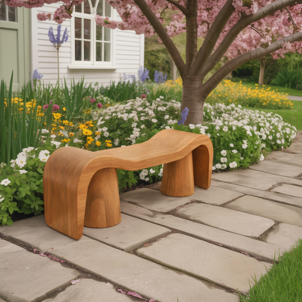 Contemporary Sculpted Wood Bench For Garden Or Patio Kitchnce