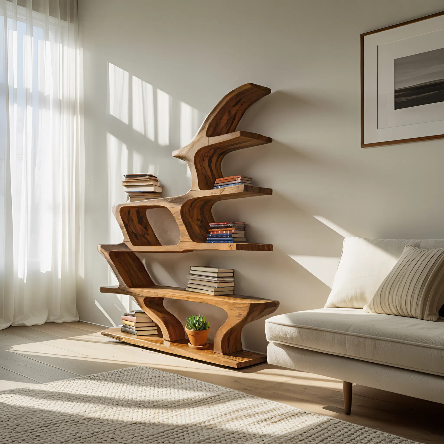 Modern Sculptural Bookshelf With Fluid Shelving For Living Room Kitchnce