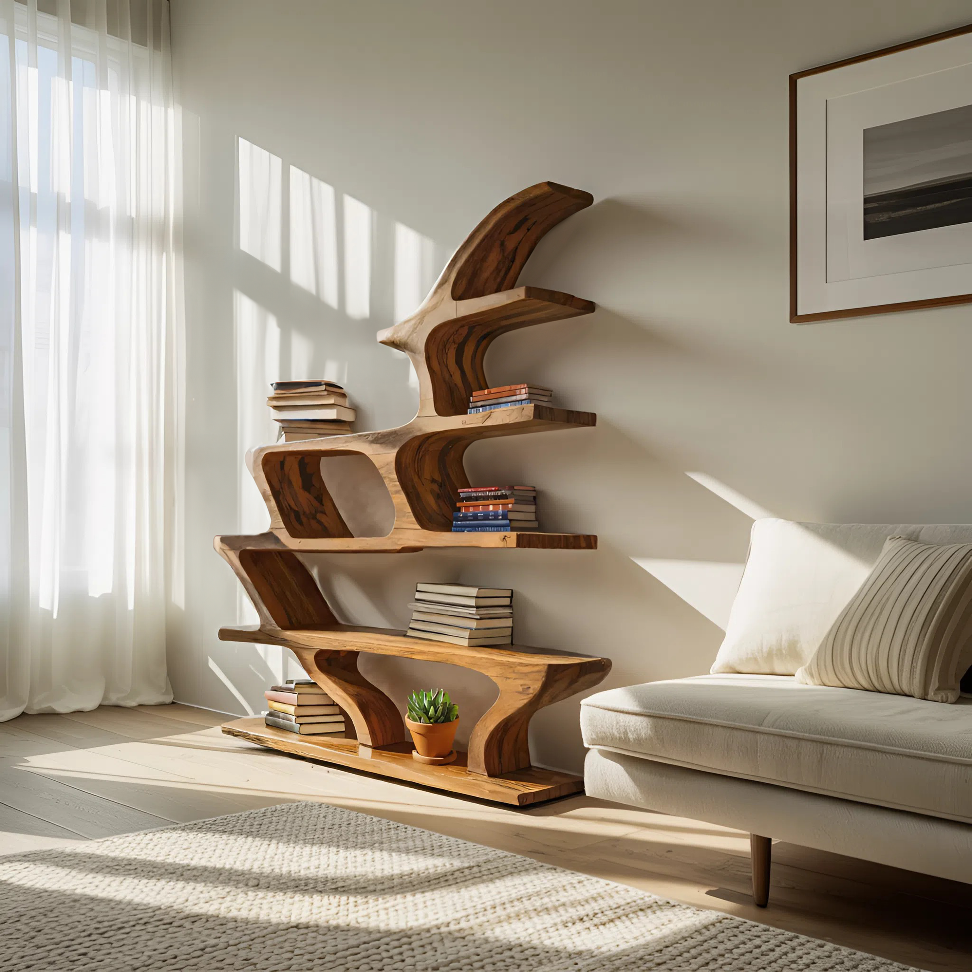 Modern Sculptural Bookshelf With Fluid Shelving For Living Room Kitchnce