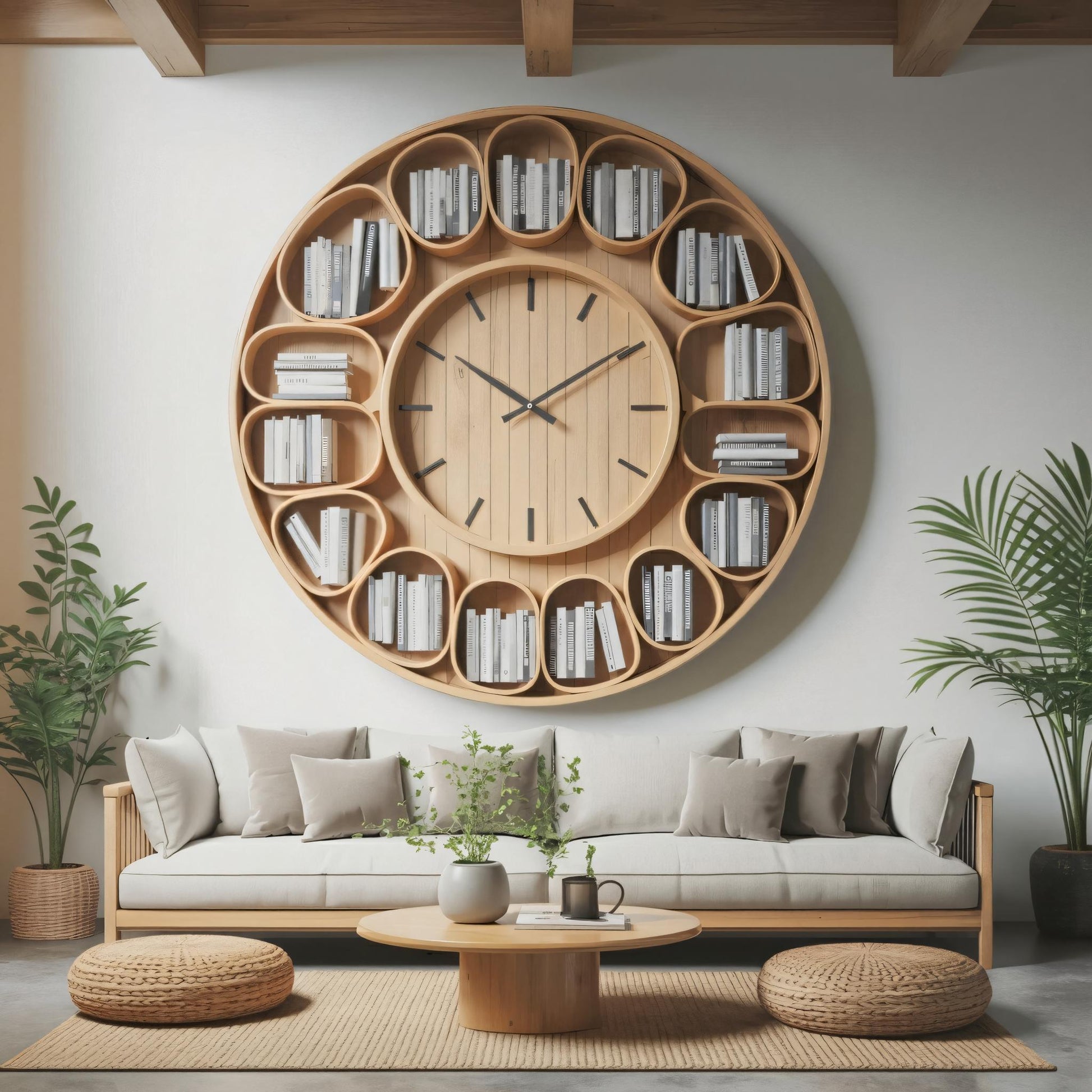 Contemporary Round Wall Bookshelf With Clock For Living Room And Home Office Kitchnce