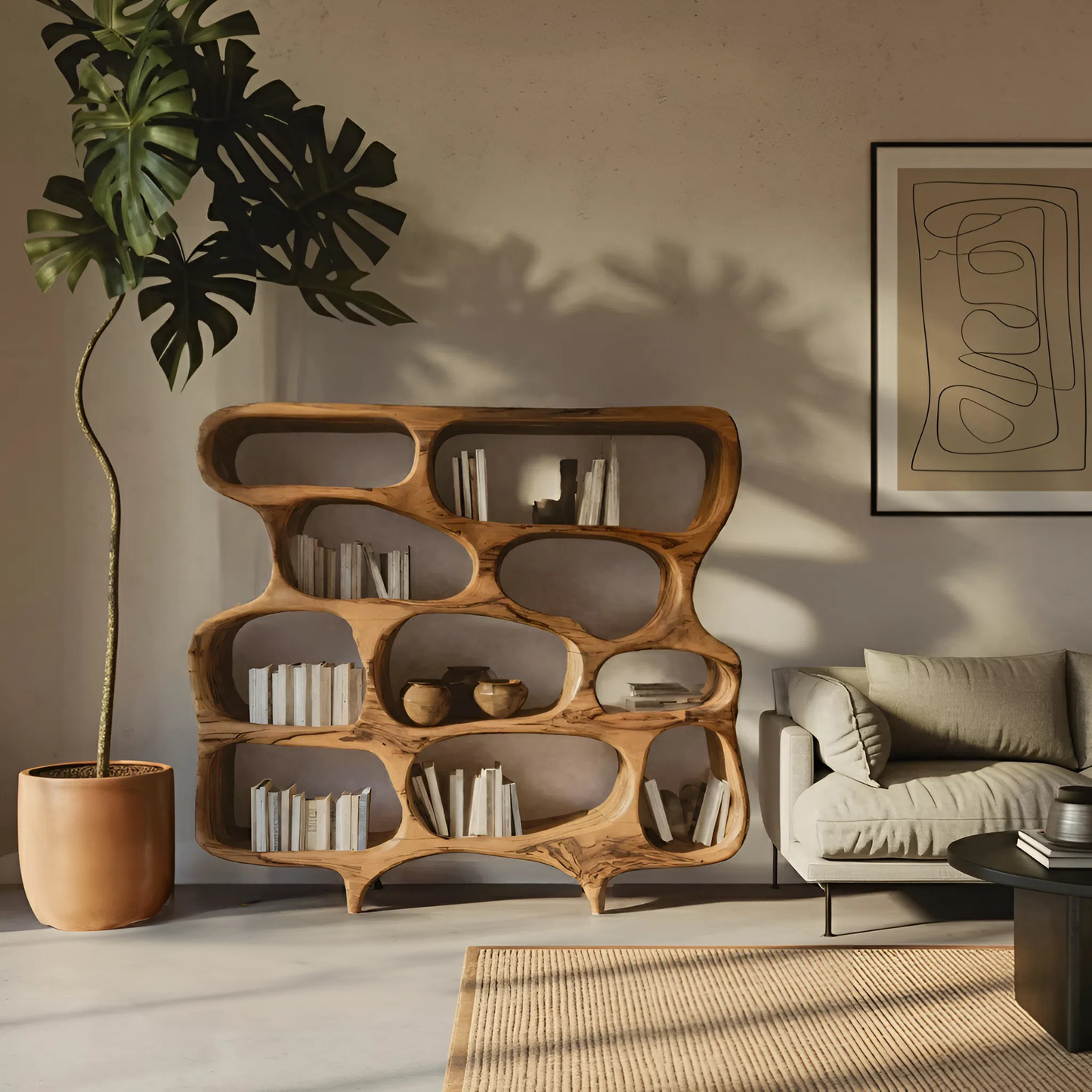 Artistic Bookshelf With Curved Design For Living Room Interior Kitchnce