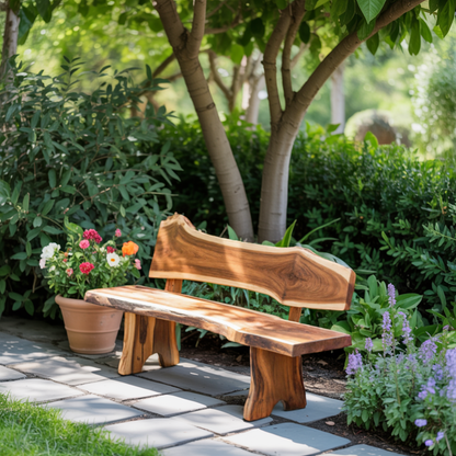 Rustic Live Edge Outdoor Bench With Curved Back For Patio Or Garden Kitchnce