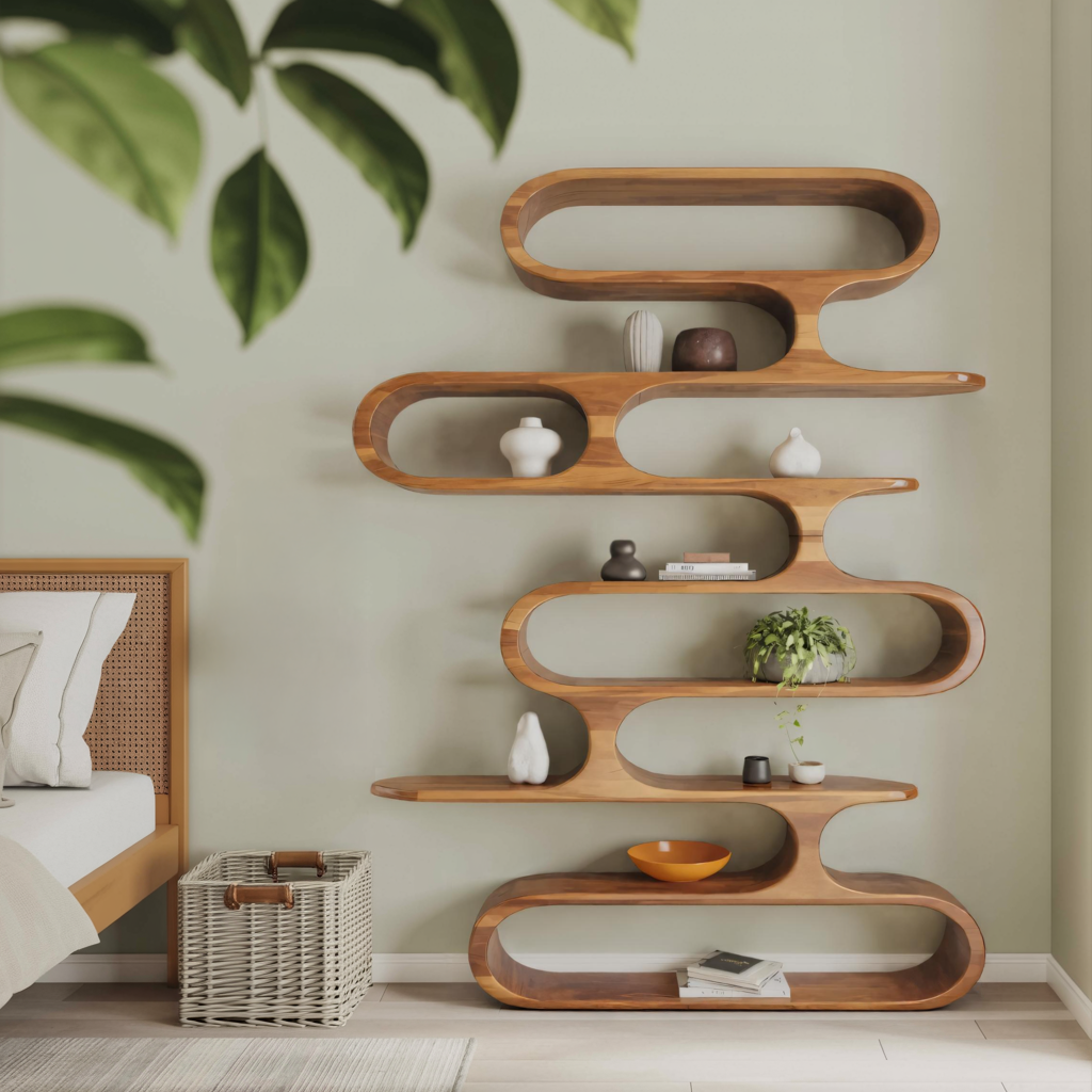 Mid Century Modern Wall Shelf With Flowing Shape For Living Room And Office Kitchnce