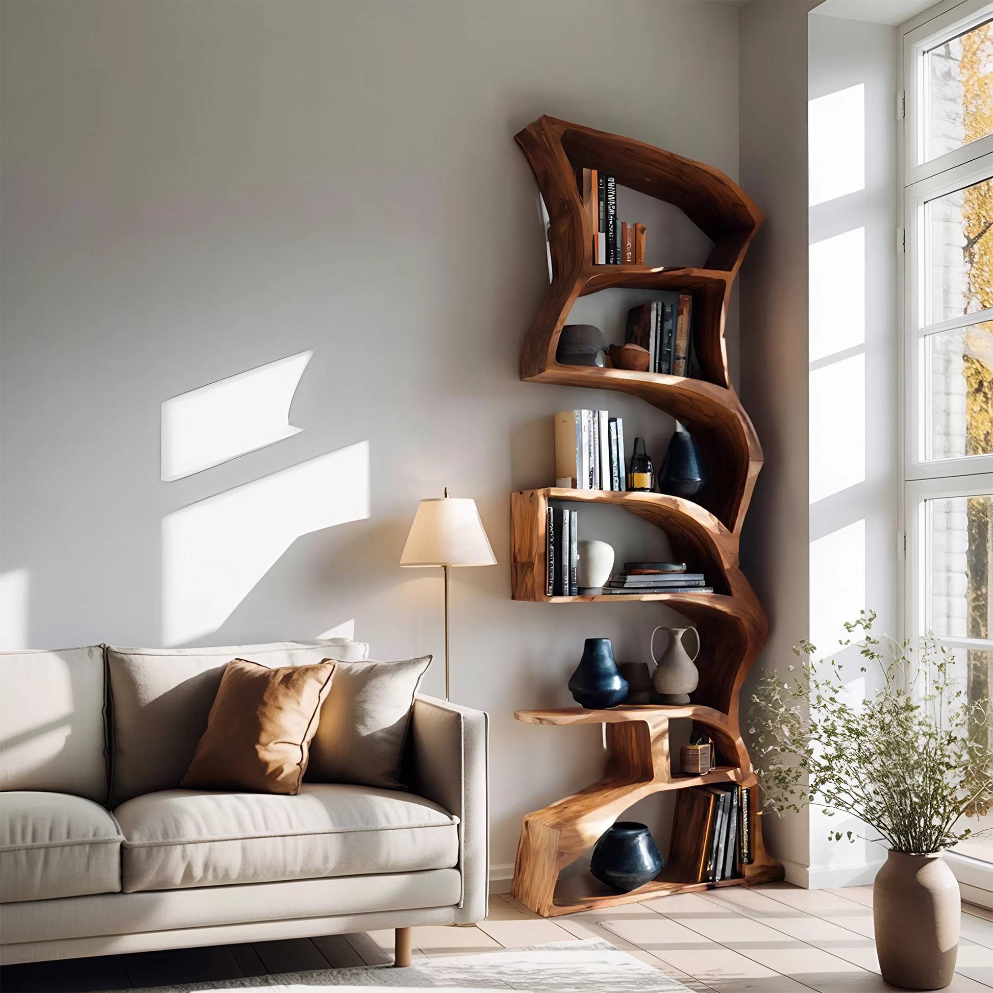 Modern Bookshelf With Curved Design For Study Kitchnce