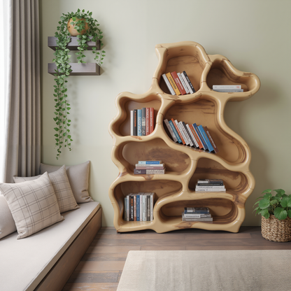 Organic Modern Bookshelf With Carved Design For Living Room And Home Library Kitchnce