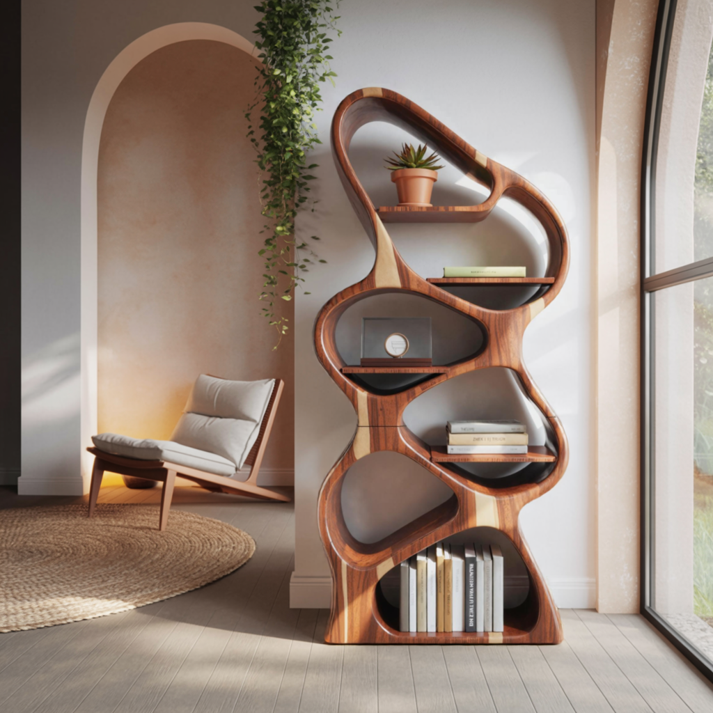 Modern Sculptural Bookshelf With Flowing Shelves For Home Library And Living Room Kitchnce
