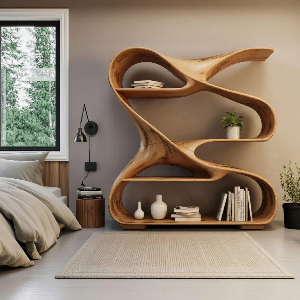 Modern Sculptural Wooden Bookshelf For Living Room Or Office Display Kitchnce
