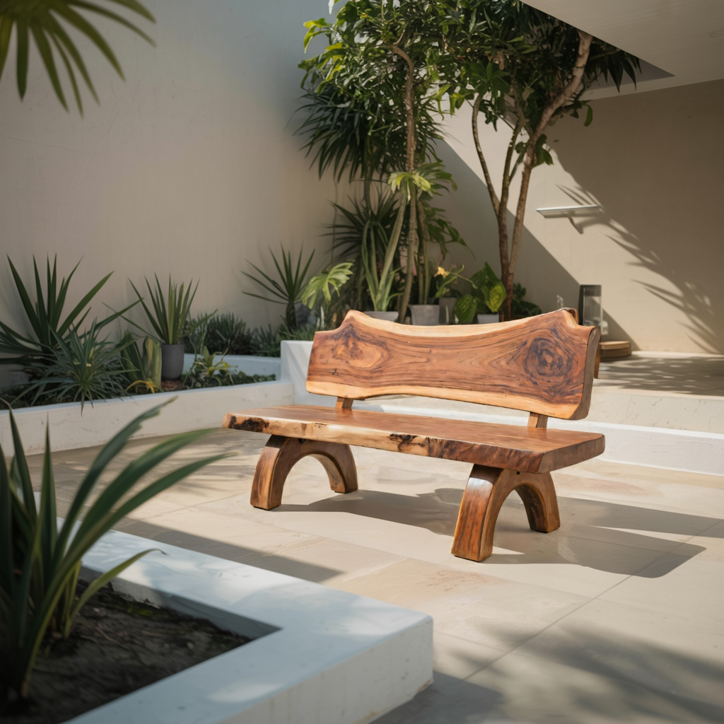 Rustic Live Edge Bench With Backrest For Patio Garden Courtyard Kitchnce