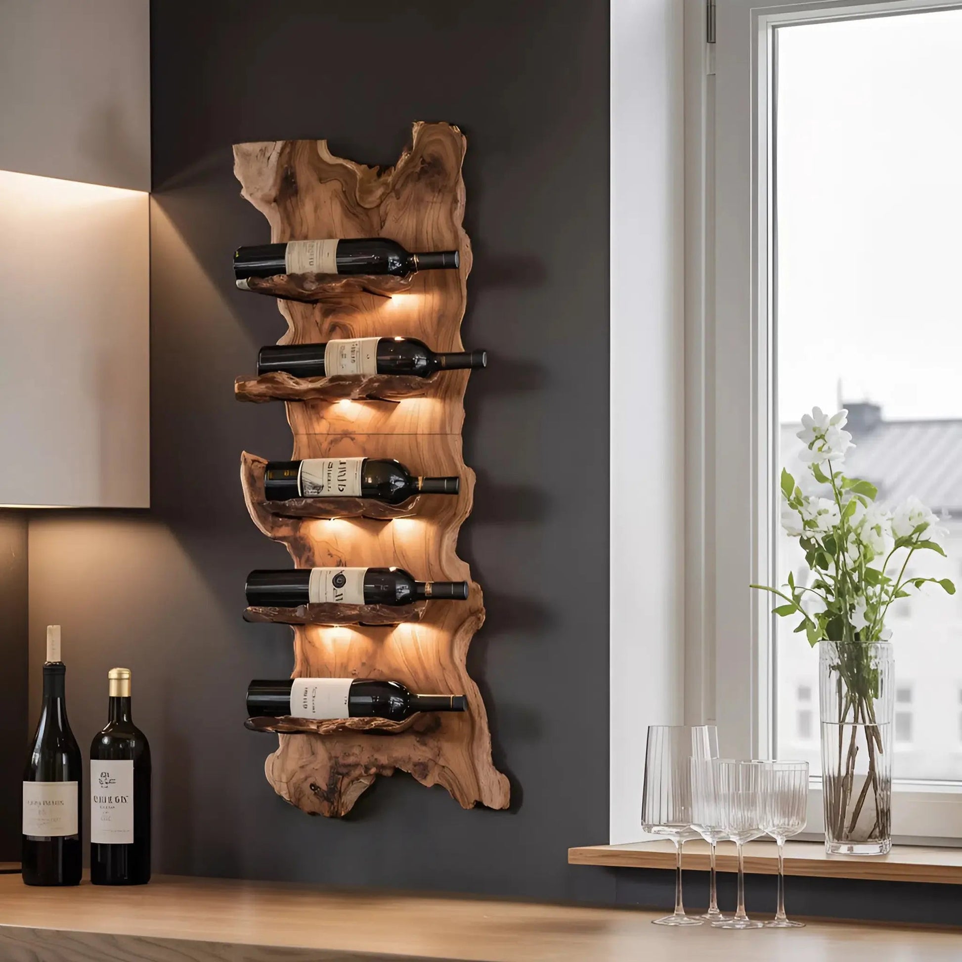 Modern Wooden Live Edge Wine Holder For Entryway Furniture Kitchnce