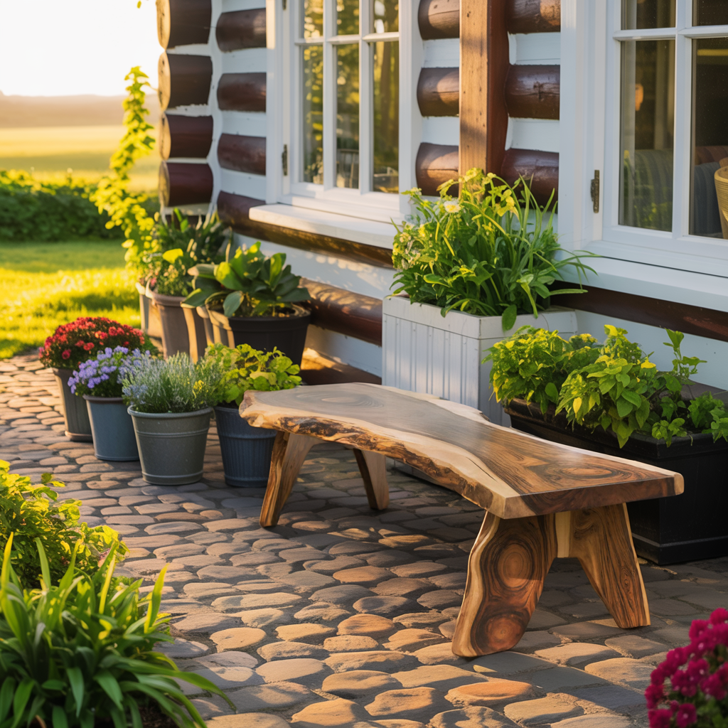 Rustic Live Edge Wooden Bench For Patio Or Garden Kitchnce