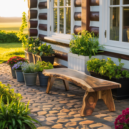 Rustic Live Edge Wooden Bench For Patio Or Garden Kitchnce