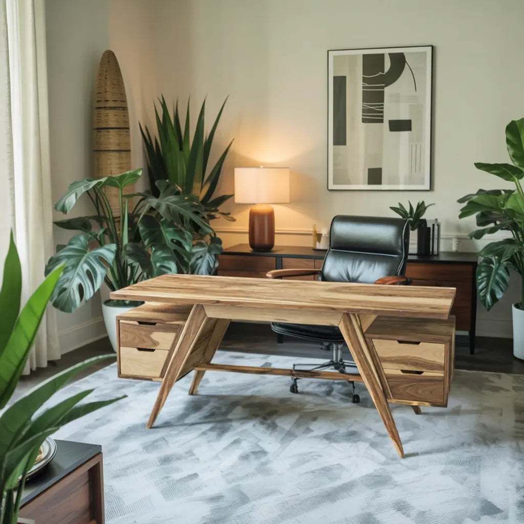 Modern Executive Wooden Desk With Angled Legs And Drawers For Home Office Kitchnce