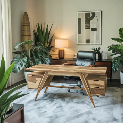 Modern Executive Wooden Desk With Angled Legs And Drawers For Home Office Kitchnce