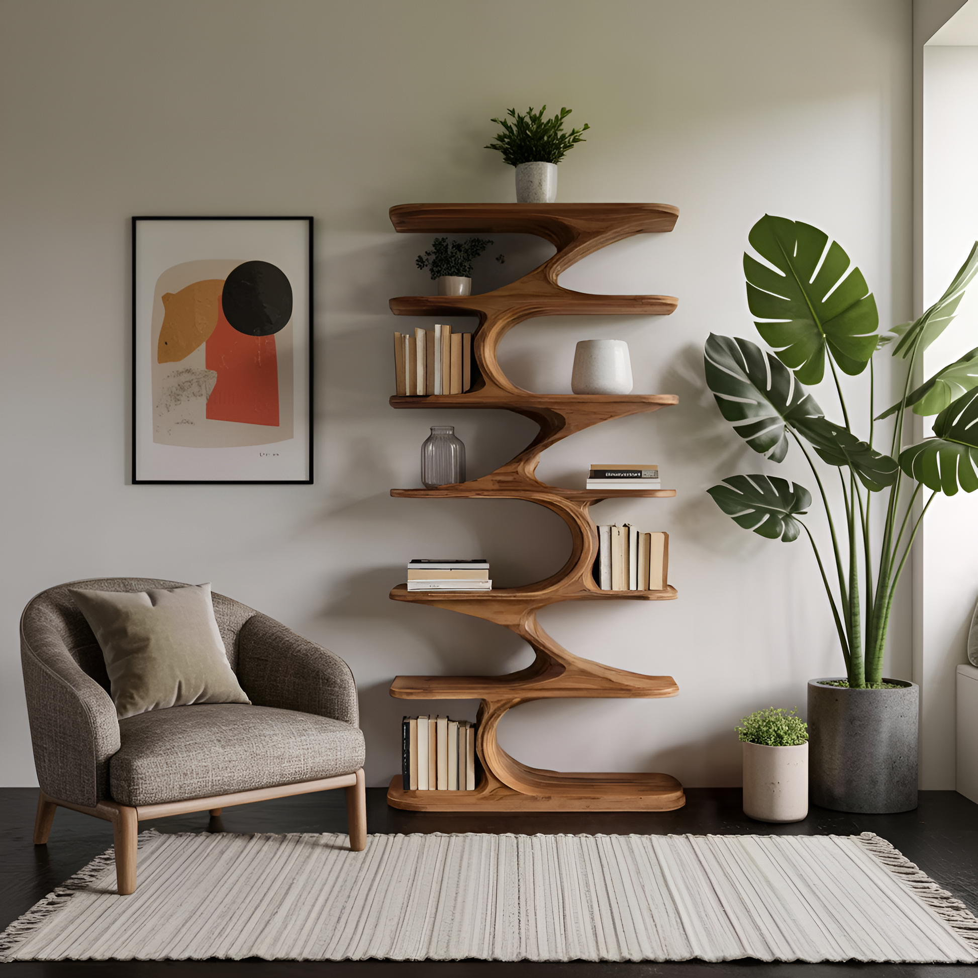 Modern Organic Curved Bookshelf For Living Room Kitchnce