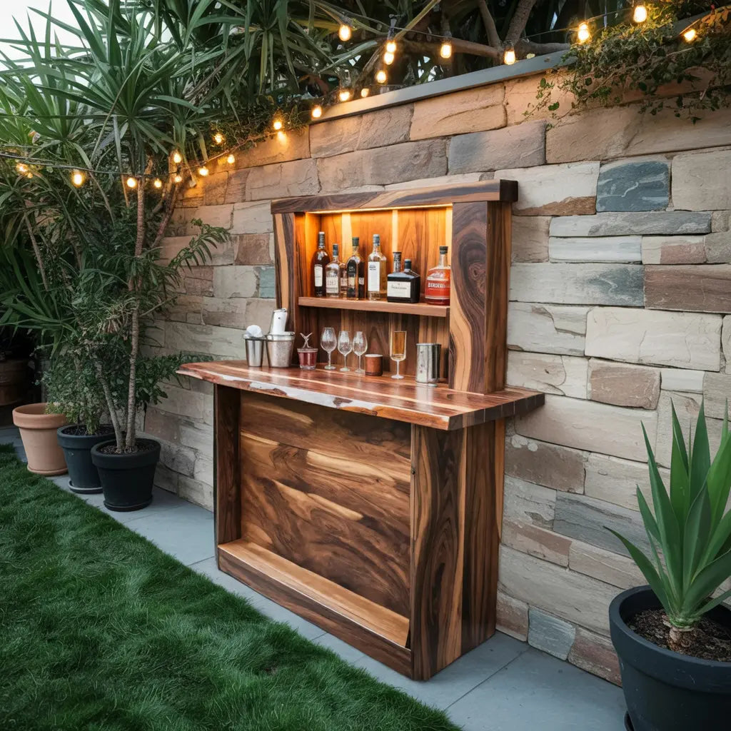 Live Edge Wall Mounted Outdoor Bar With Shelf And Lights For Patio Or Garden Kitchnce