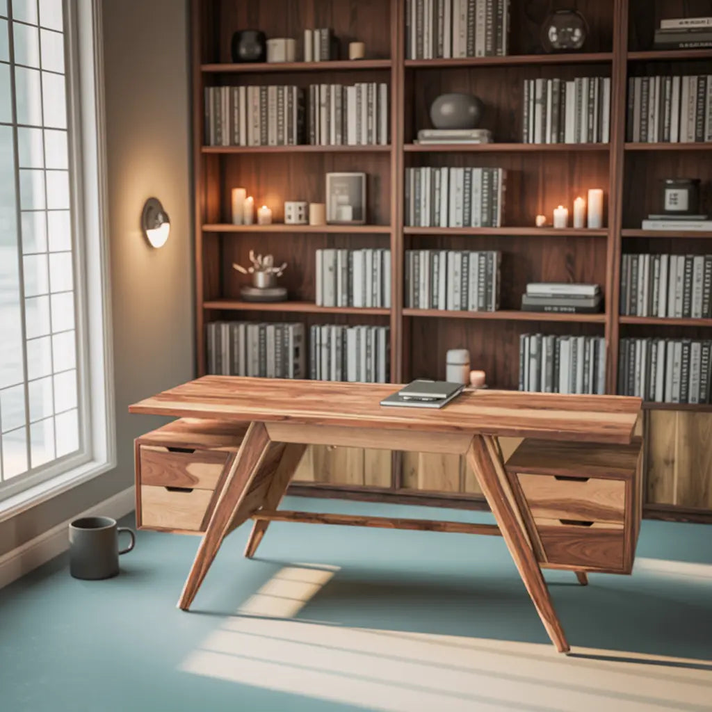 Modern Executive Wooden Desk With Angled Legs And Drawers For Home Office Kitchnce