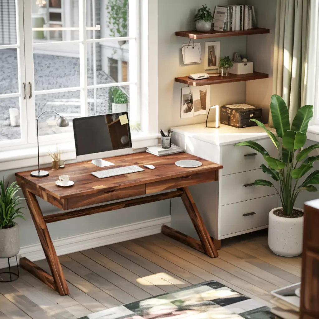 Modern Z Leg Wooden Writing Desk With Drawers For Home Office Or Studio Kitchnce