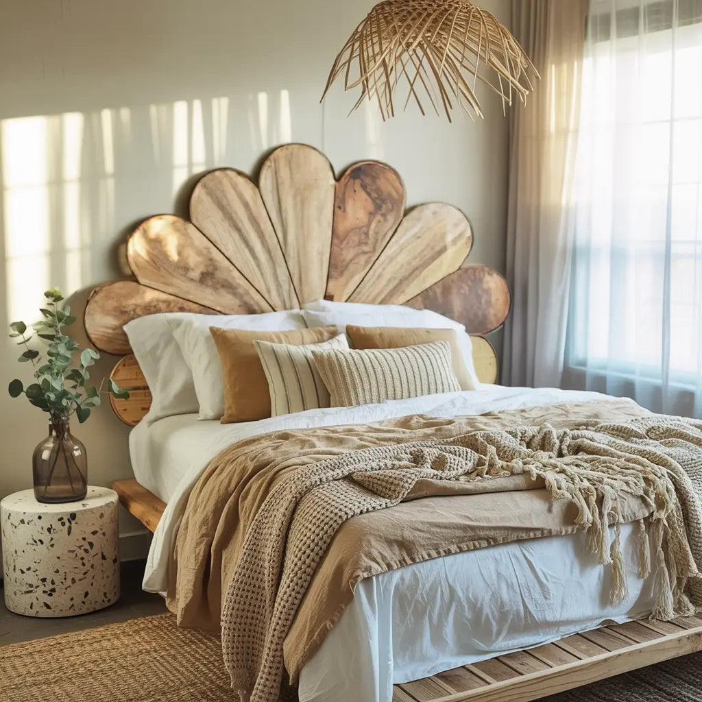 Boho Flower Petal Headboard Bed For Queen And King Bedroom Kitchnce