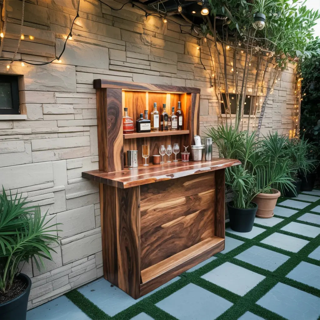 Live Edge Wall Mounted Outdoor Bar With Shelf And Lights For Patio Or Garden Kitchnce