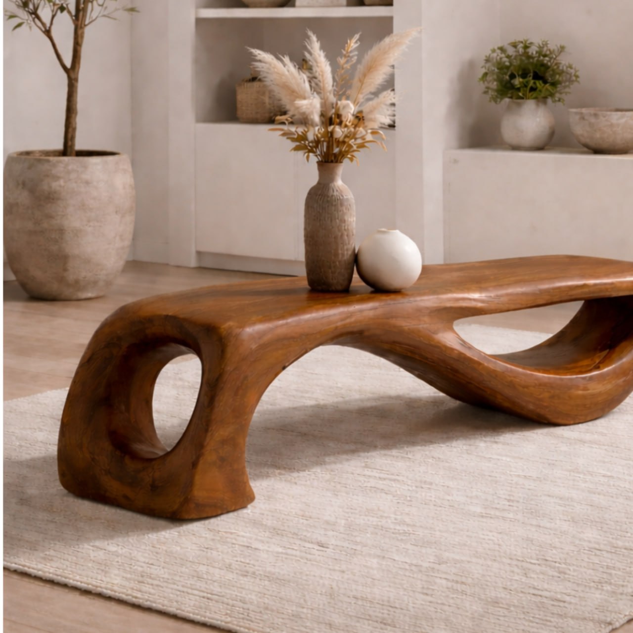 Solid Wood Sculptural Bench with Organic Curved Base and Hand-Carved Flowing Design