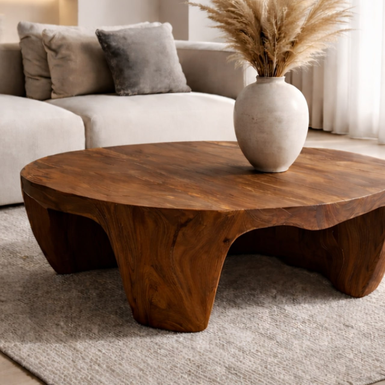 Solid Wood Round Coffee Table with Sculptural Base and Organic Carved Design