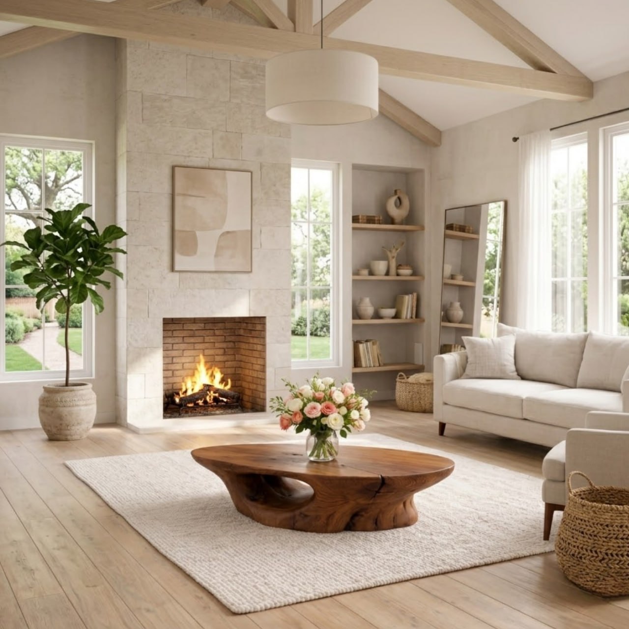 Solid Wood Coffee Table with Organic Sculpted Base and Natural Rustic Form