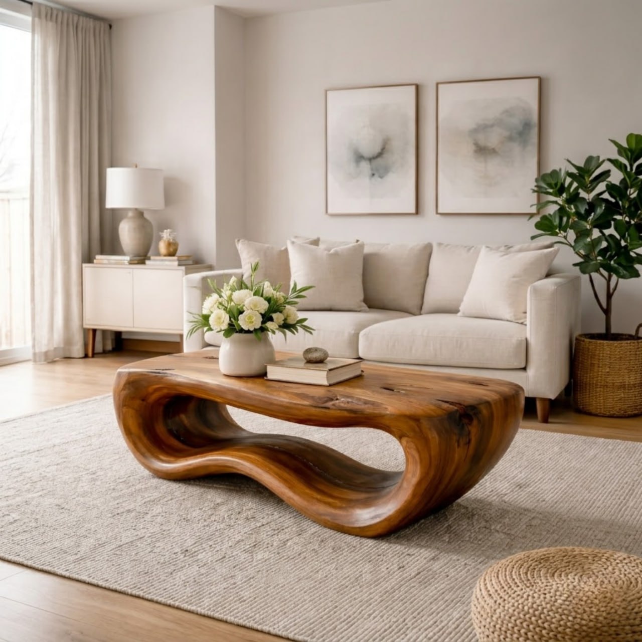 Solid Wood Coffee Table with Sculptural Wave Base and Organic Hand-Carved Design