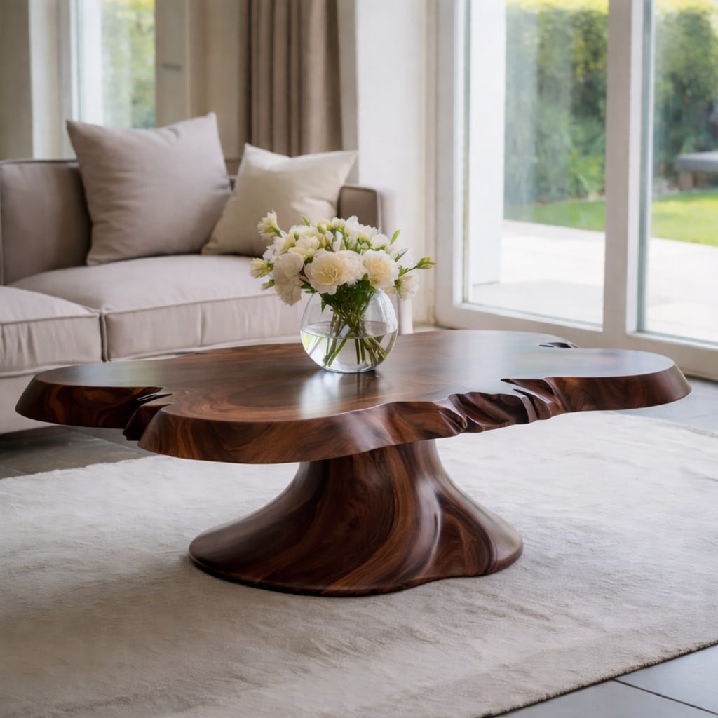 Solid Wood Live Edge Coffee Table with Sculptural Pedestal Base and Organic Form
