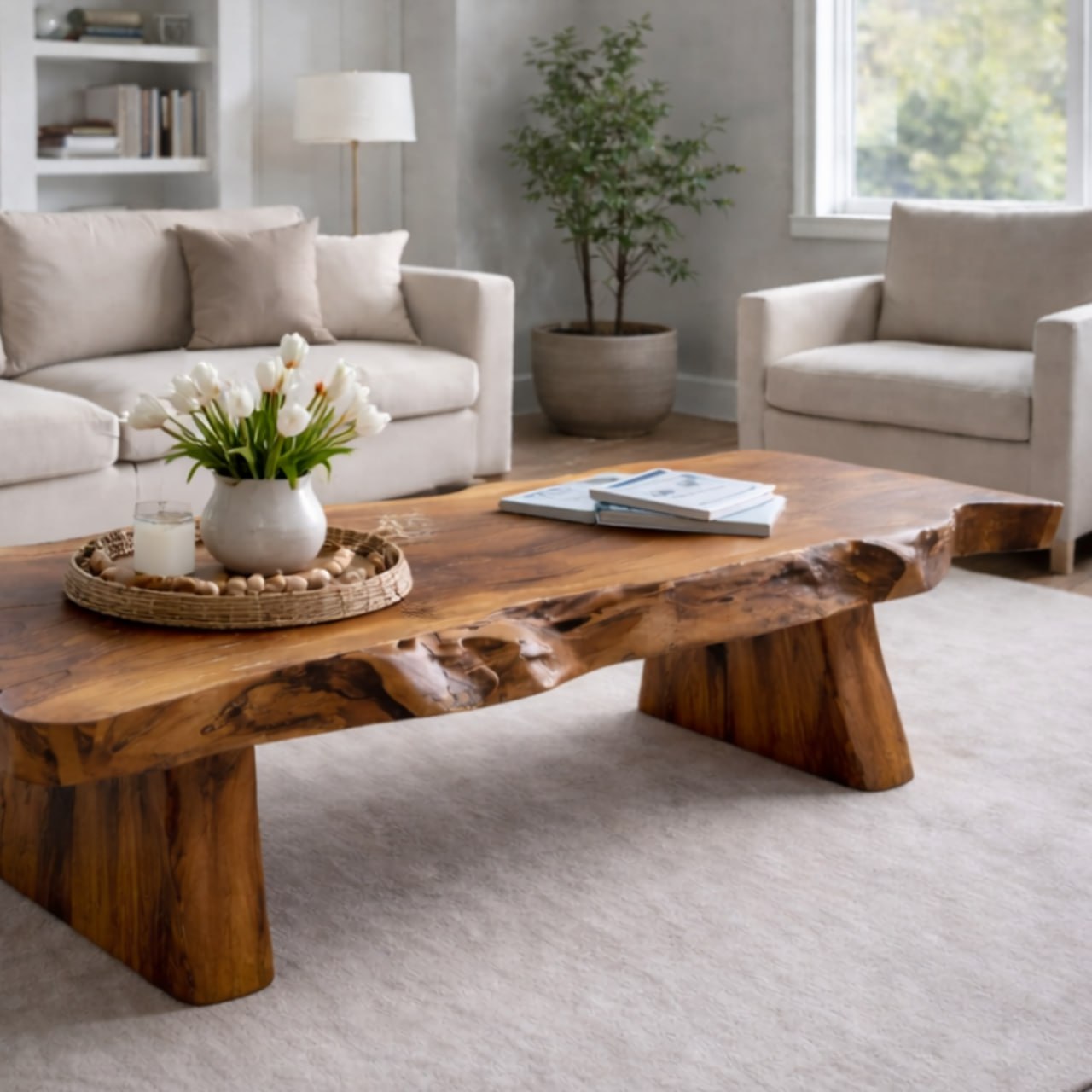 Solid Wood Live Edge Coffee Table with Rustic Slab Top and Thick Block Legs
