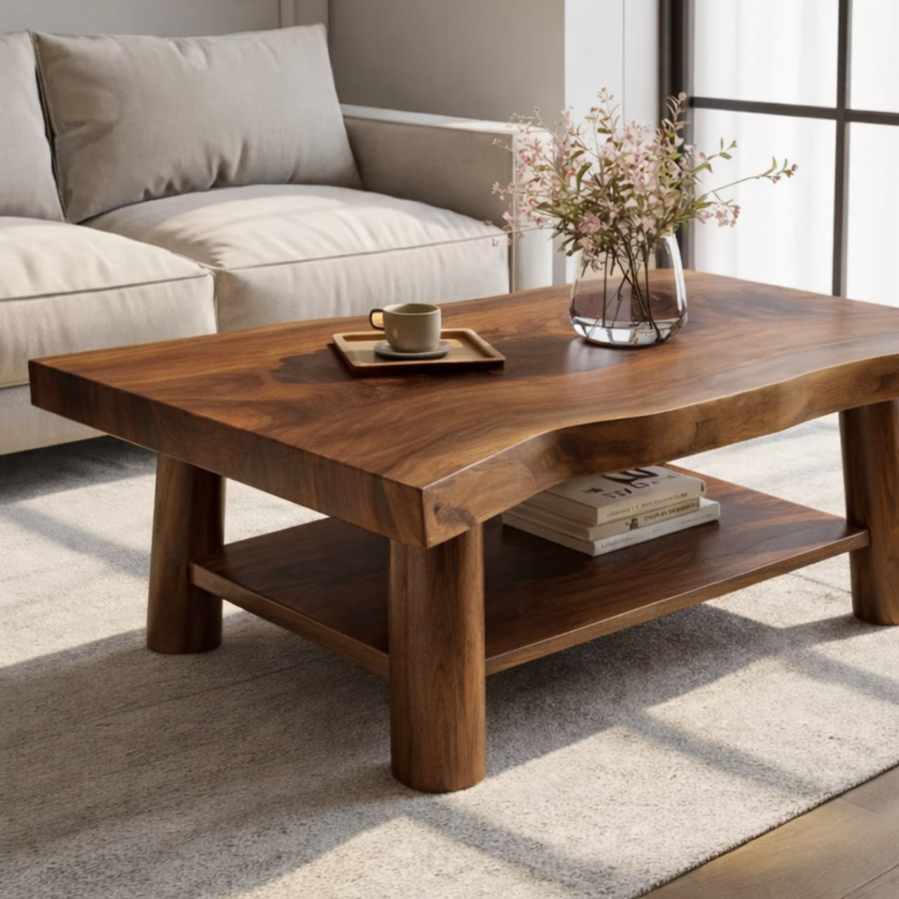 Solid Wood Coffee Table with Lower Shelf and Curved Edge Top Design
