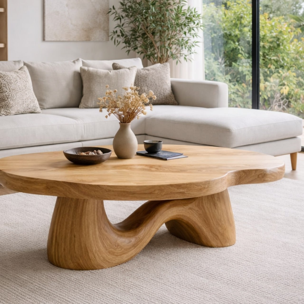 Solid Wood Coffee Table with Sculptural Wave Base and Organic Curved Design