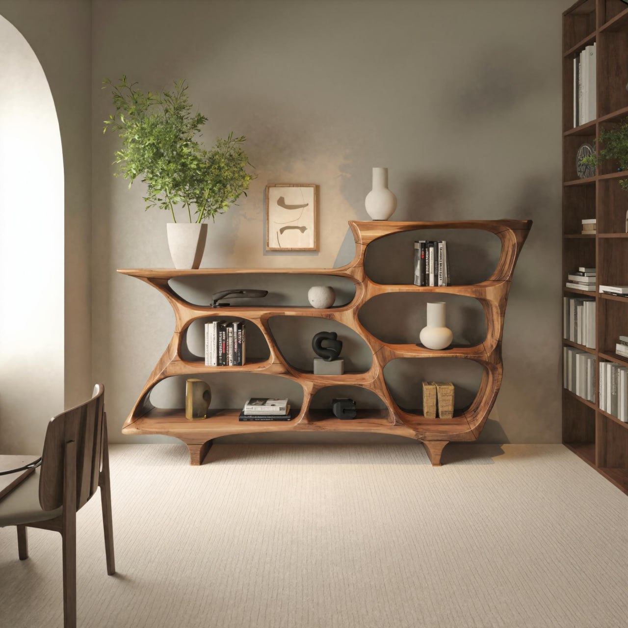 Contemporary Organic Bookshelf With Open Shelves For Living Room Or Office Kitchnce